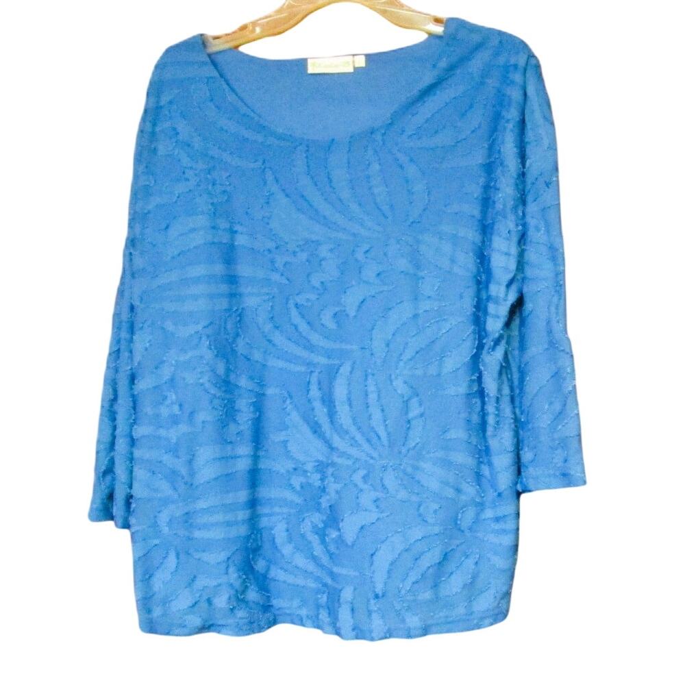 Lulu B Women's Textured Blue Pullover Top Embossed Leaf Pattern Coastal Casual